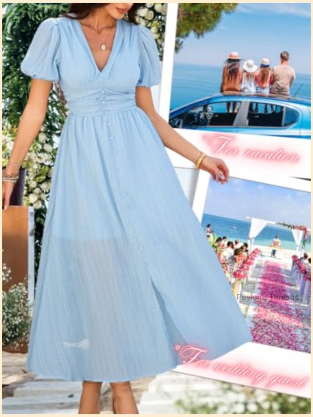 Flowy Maxi Dress with Deep V-Neck and Puff Sleeves - Picture 7 of 7